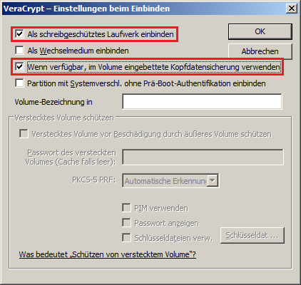 VeraCrypt Optionen